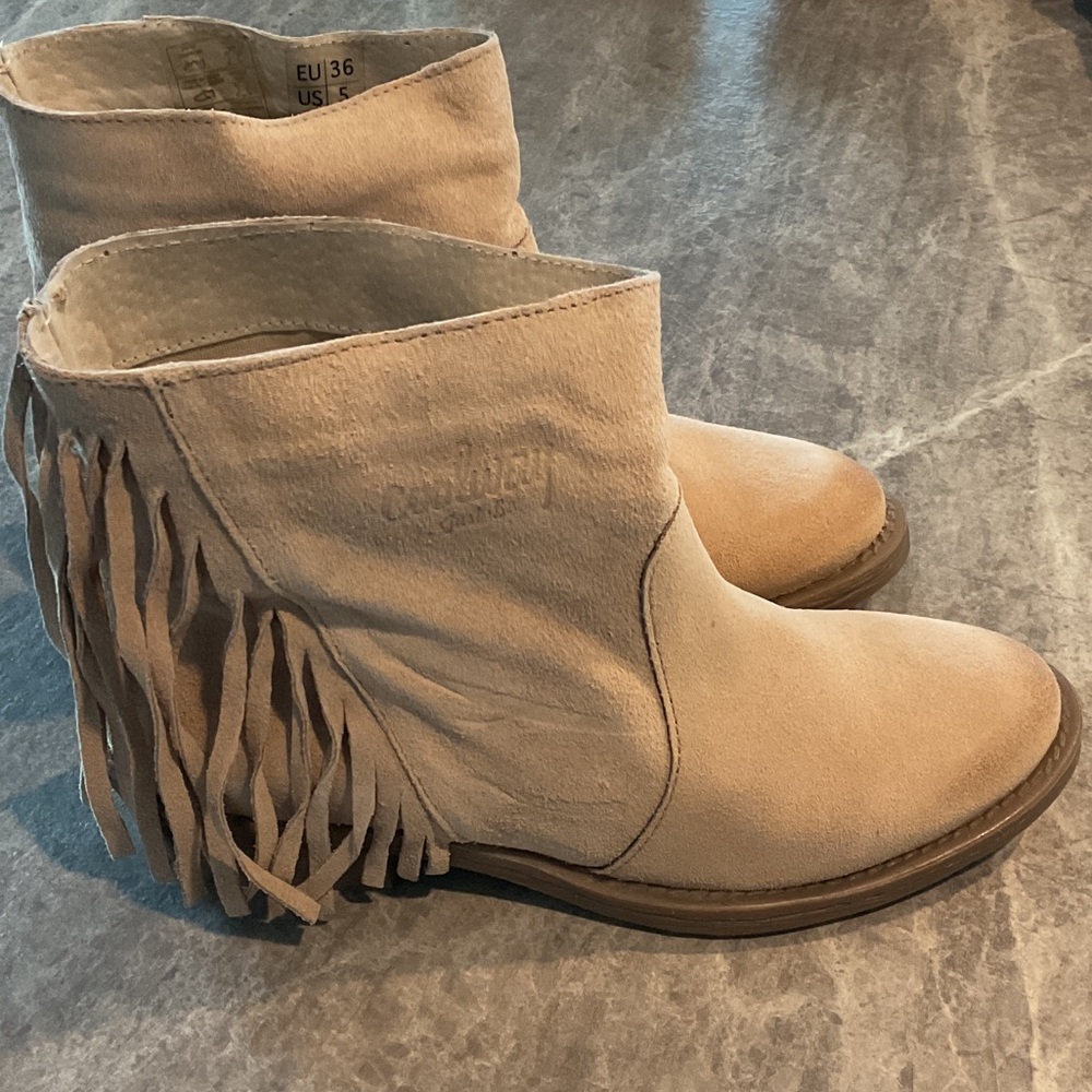 Coolway Fringe Suede Ankle Booties - Tan